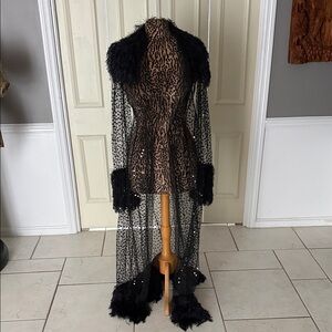 Todd Oldham Fred Hayman Feather Trim Sheer Leopard Duster Robe M